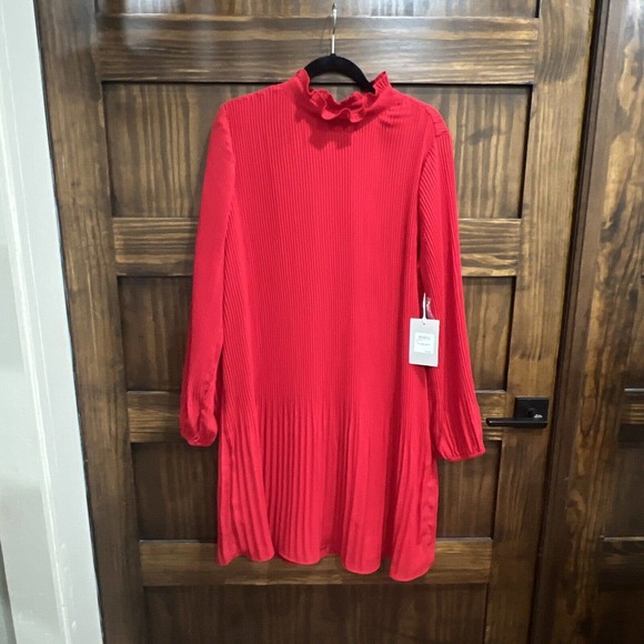 Chelsea 28 Dress Women Xl Red High Neck Long Sleeve‎ Acordian Pleat - Picture 1 of 10